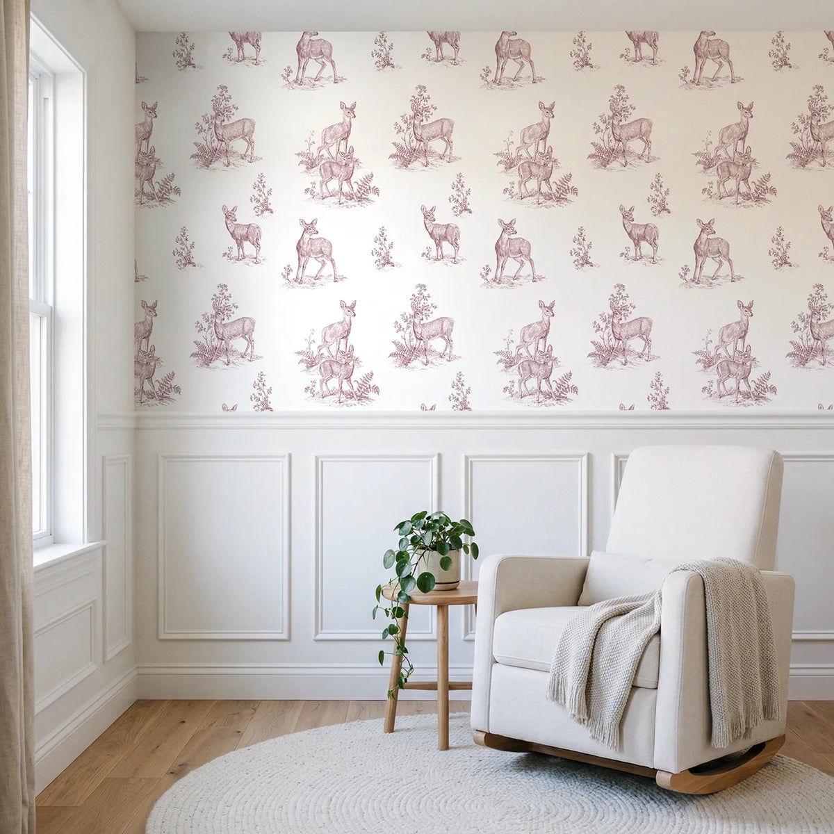 Deer Toile Garden in Pink wallpaper above wainscoting - Whimsy Tots