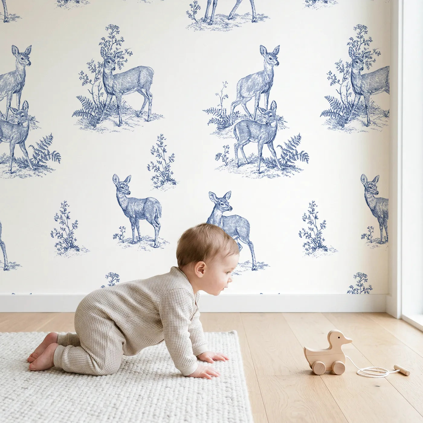 Deer Toile Garden wallpaper in a cozy kids room - Whimsy Tots