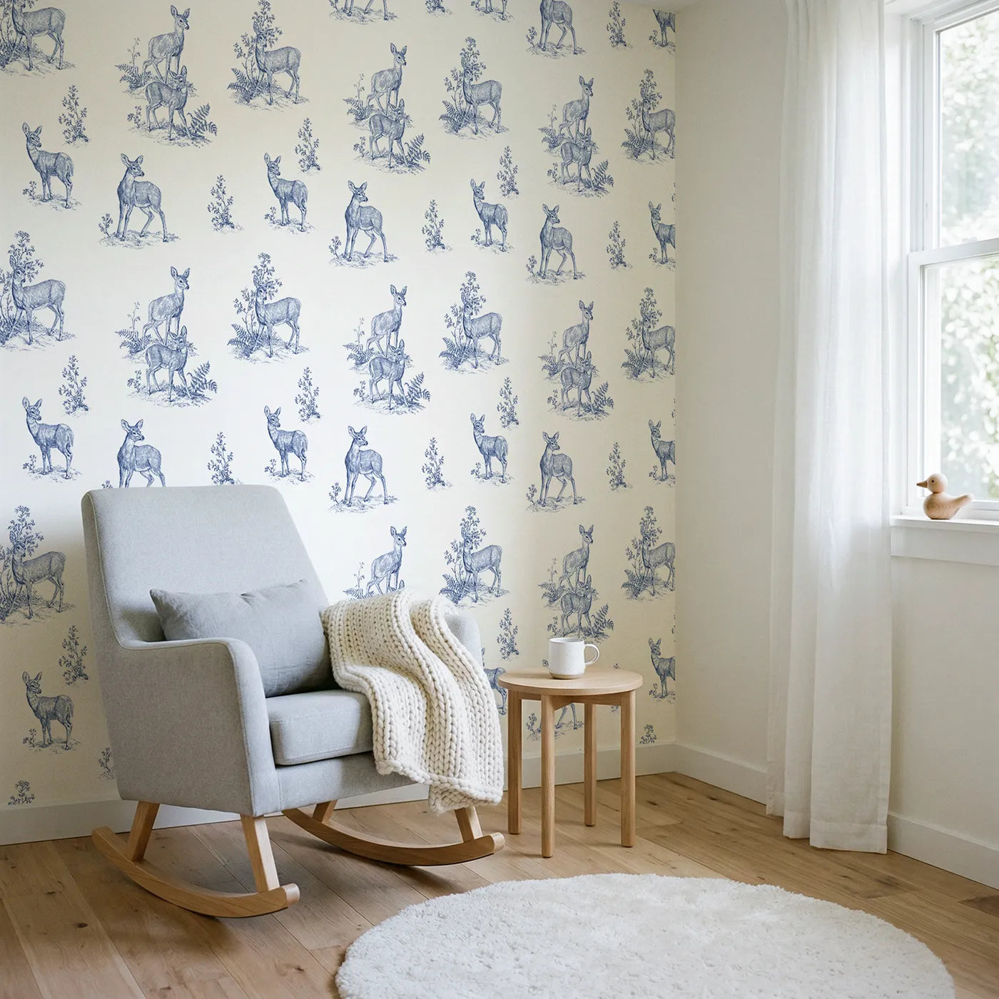 Deer Toile Garden wallpaper in a styled nursery - Whimsy Tots