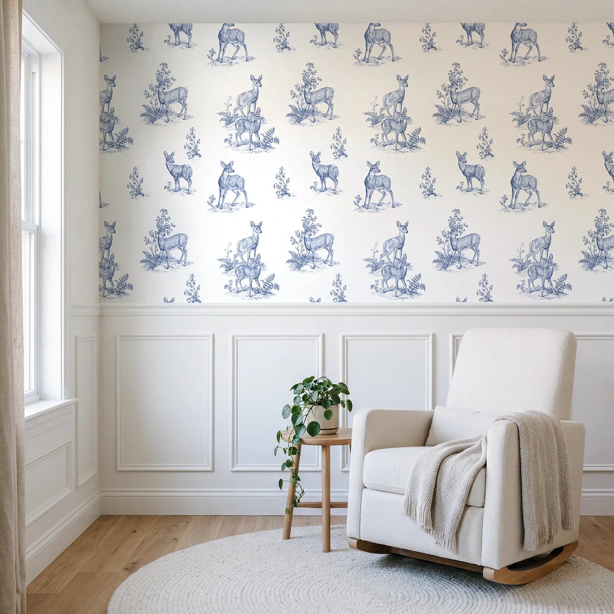 Deer Toile Garden wallpaper above wainscoting - Whimsy Tots