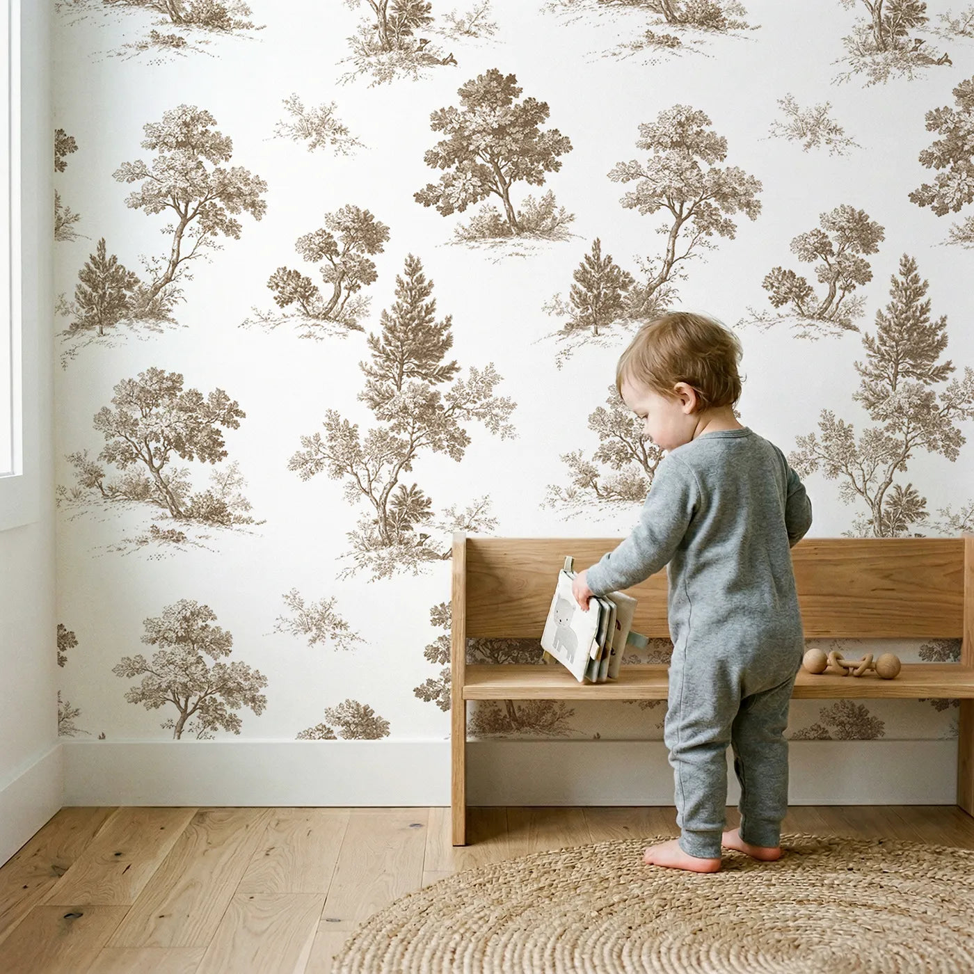 Oak Toile Toss in Brown wallpaper in a cozy kids room - Whimsy Tots