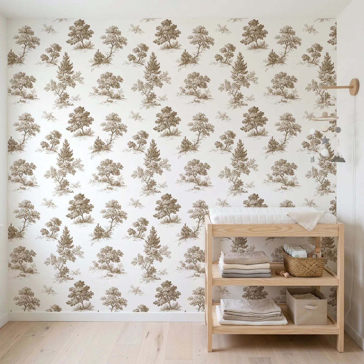 Oak Toile Toss in Brown wallpaper in a styled nursery - Whimsy Tots