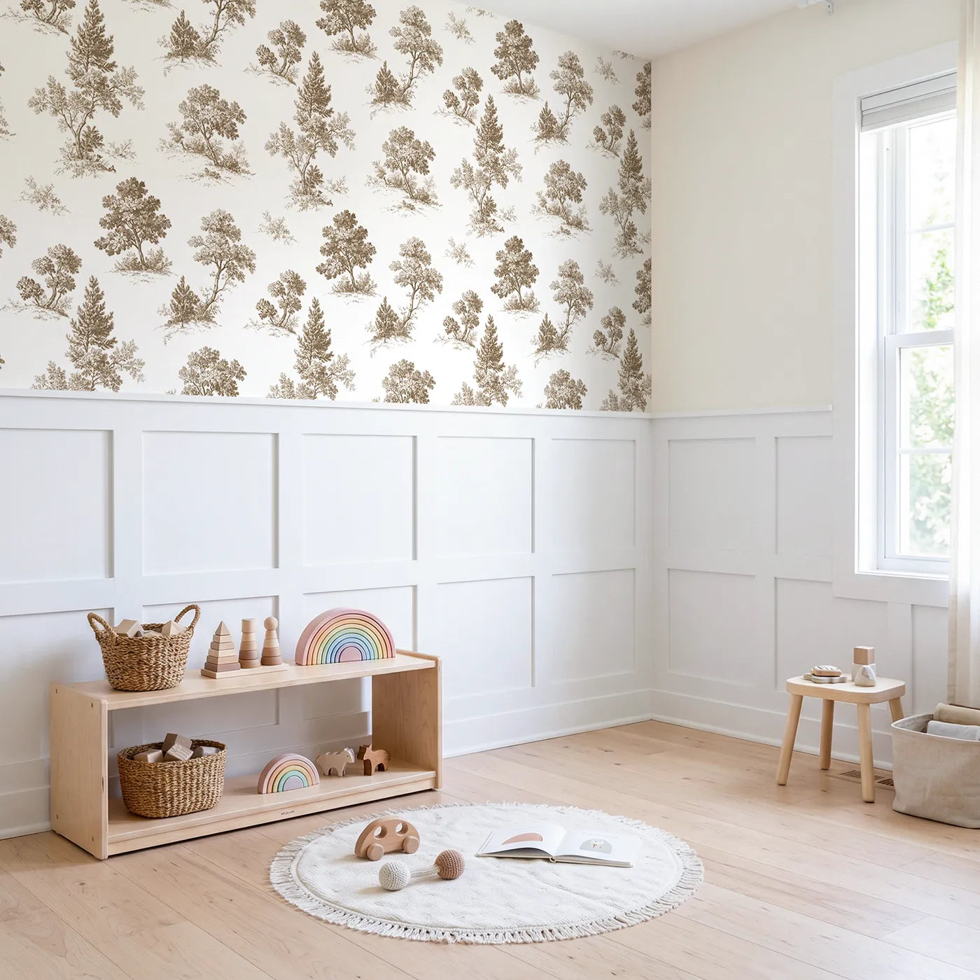 Oak Toile Toss in Brown wallpaper above wainscoting - Whimsy Tots