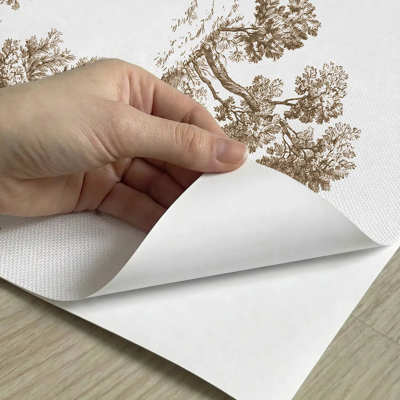 Oak Toile Toss in Brown peel and stick material close-up - Whimsy Tots