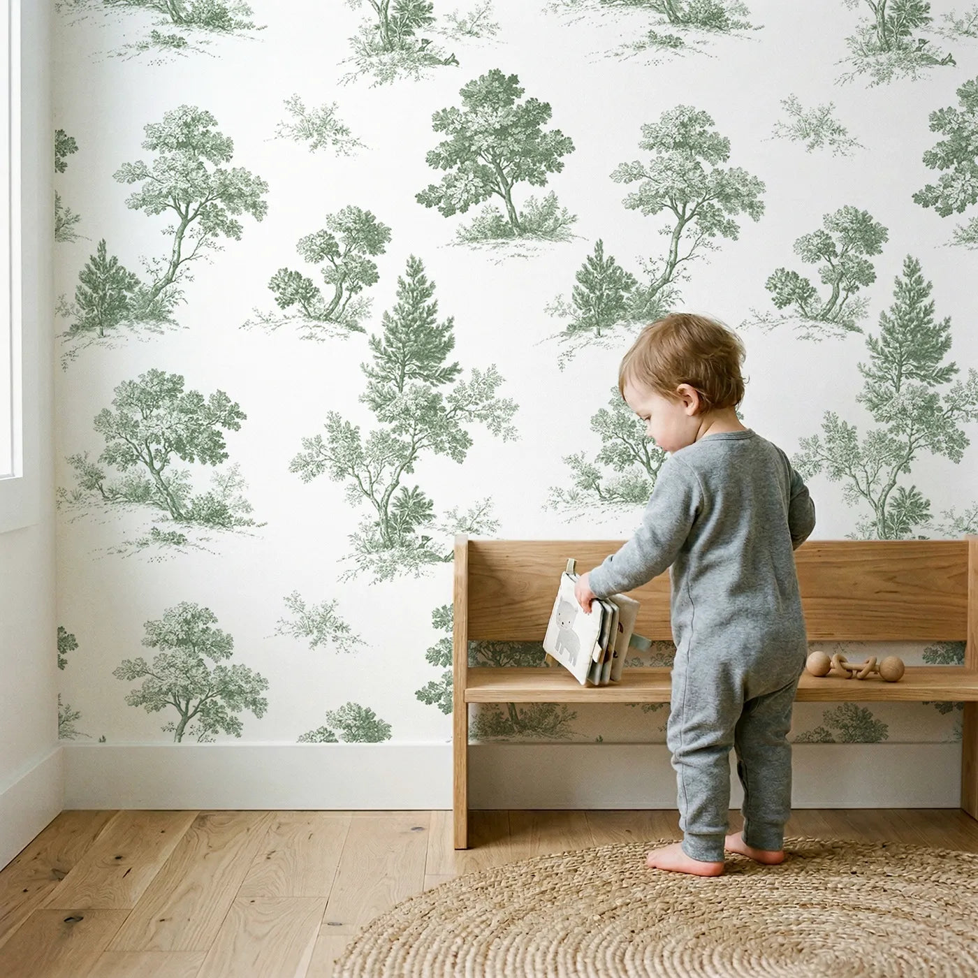Oak Toile Toss in Green wallpaper in a cozy kids room - Whimsy Tots
