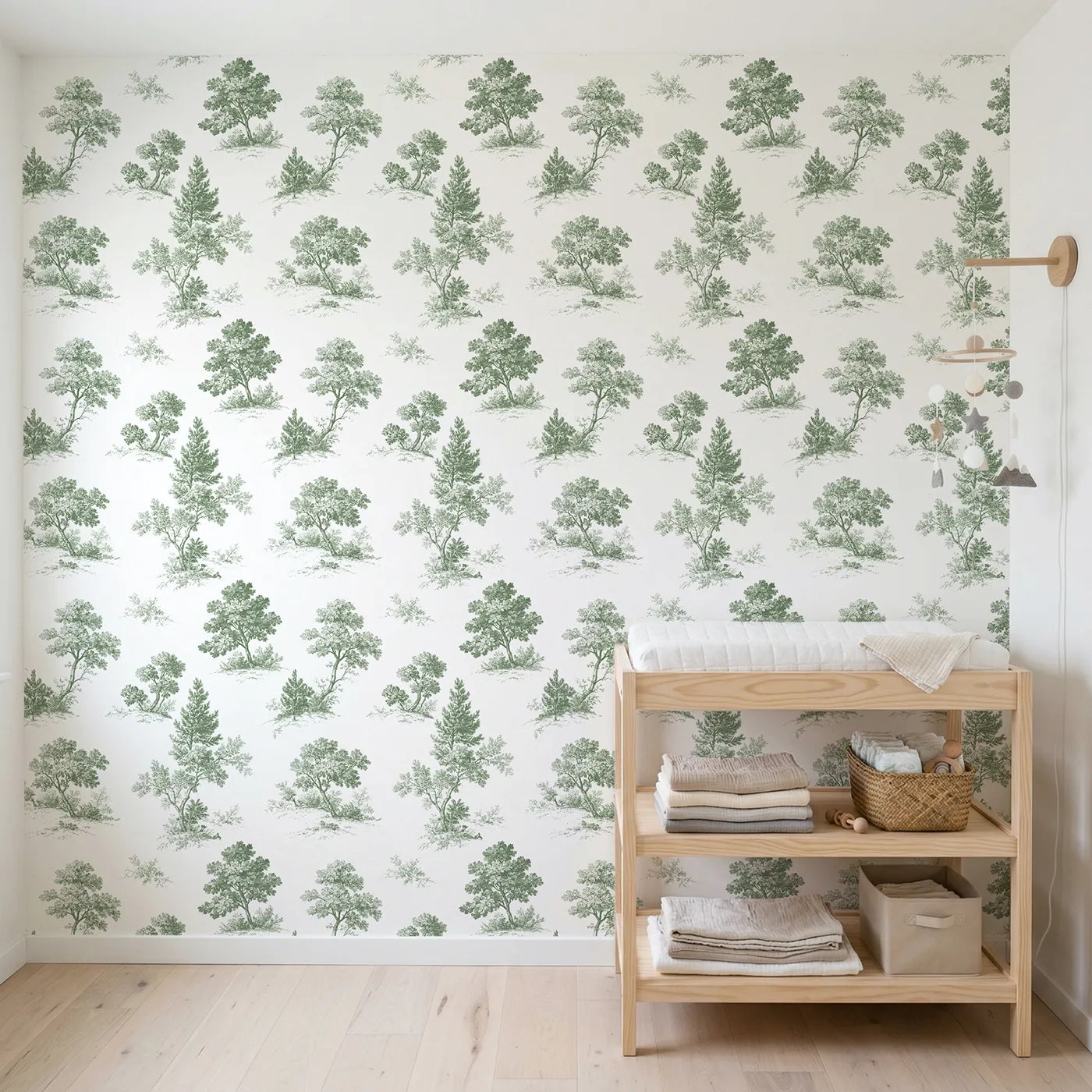 Oak Toile Toss in Green wallpaper in a styled nursery - Whimsy Tots