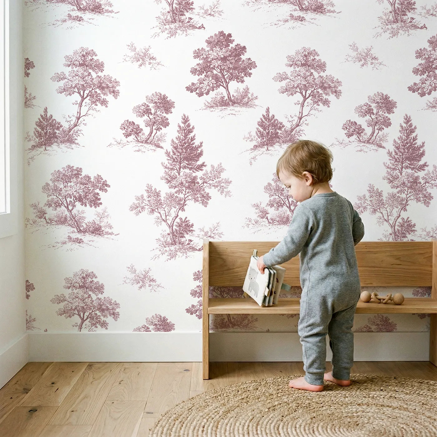 Oak Toile Toss in Pink wallpaper in a cozy kids room - Whimsy Tots