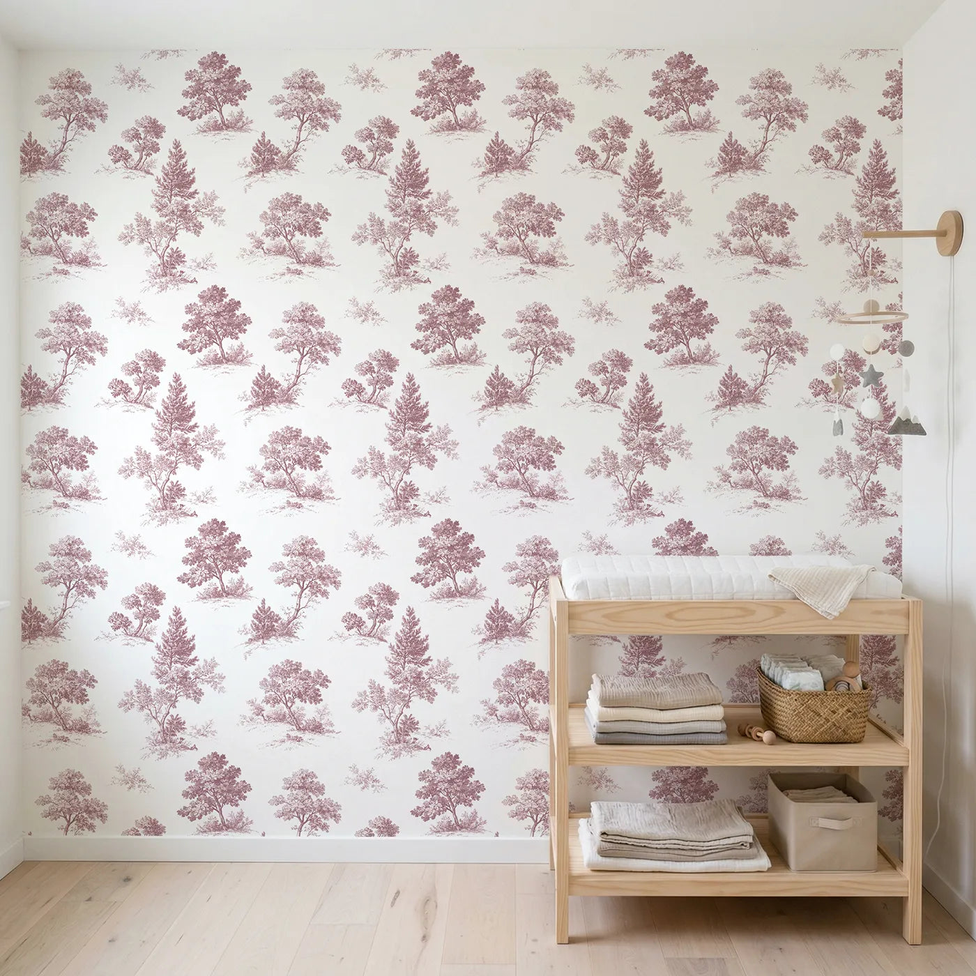 Oak Toile Toss in Pink wallpaper in a styled nursery - Whimsy Tots