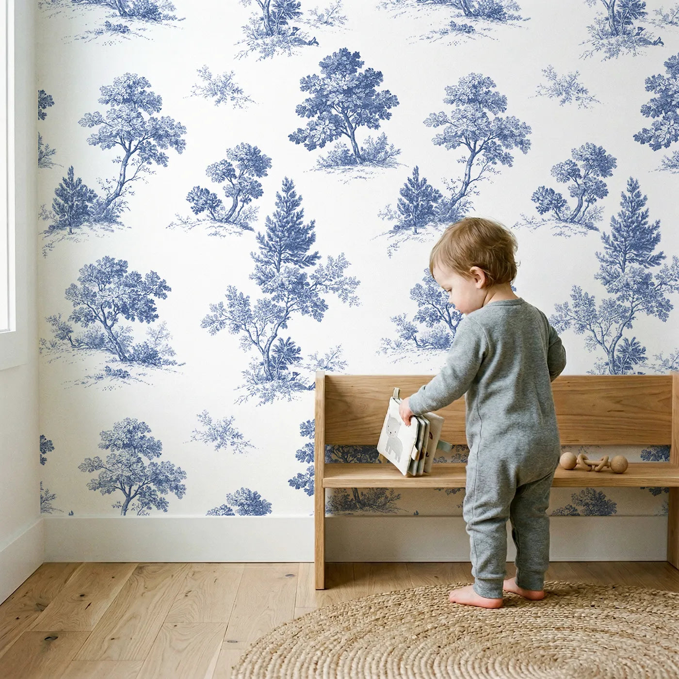 Oak Toile Toss wallpaper in a cozy kids room - Whimsy Tots
