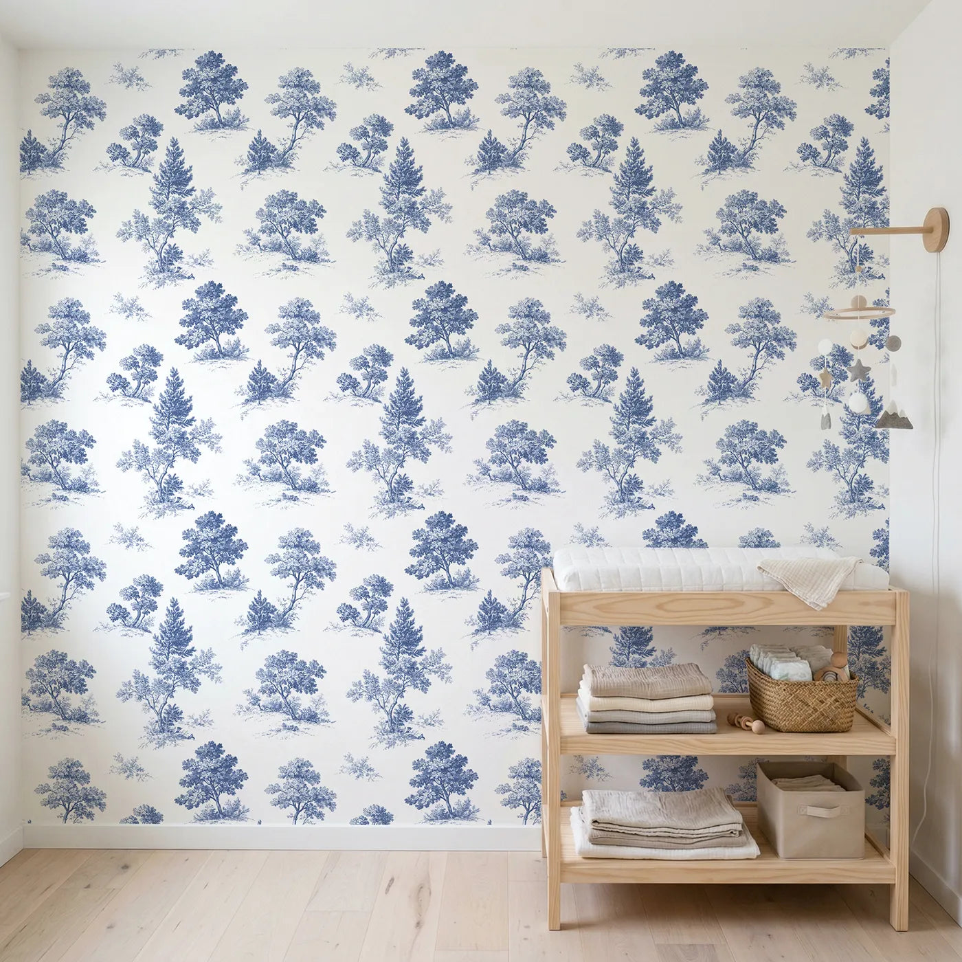 Oak Toile Toss wallpaper in a styled nursery - Whimsy Tots