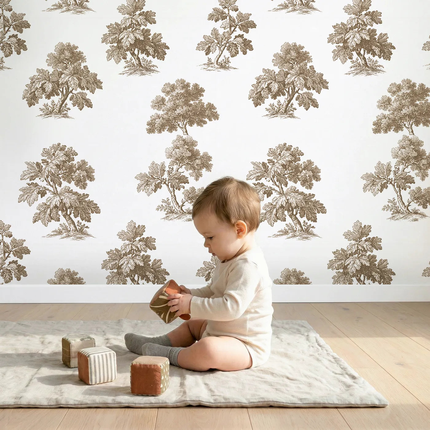 Oak Toile Rows in Brown wallpaper in a cozy kids room - Whimsy Tots