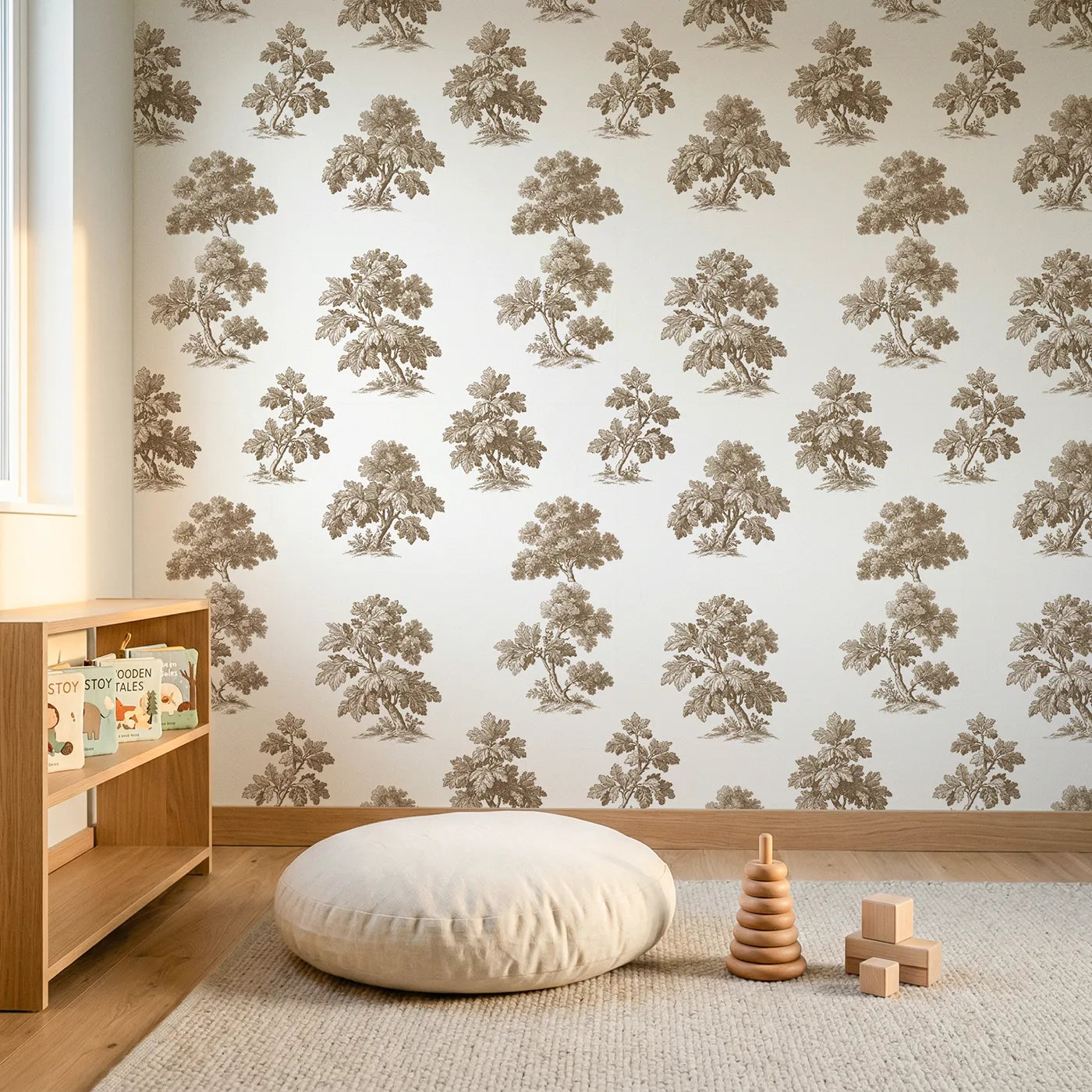 Oak Toile Rows in Brown wallpaper in a styled nursery - Whimsy Tots