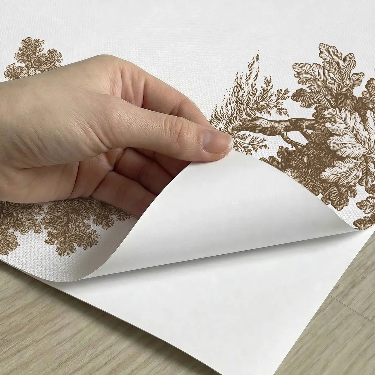 Oak Toile Rows in Brown peel and stick material close-up - Whimsy Tots