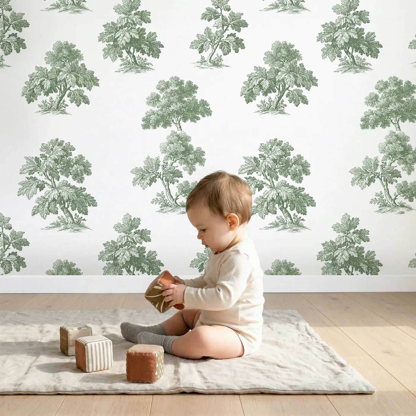 Oak Toile Rows in Green wallpaper in a cozy kids room - Whimsy Tots