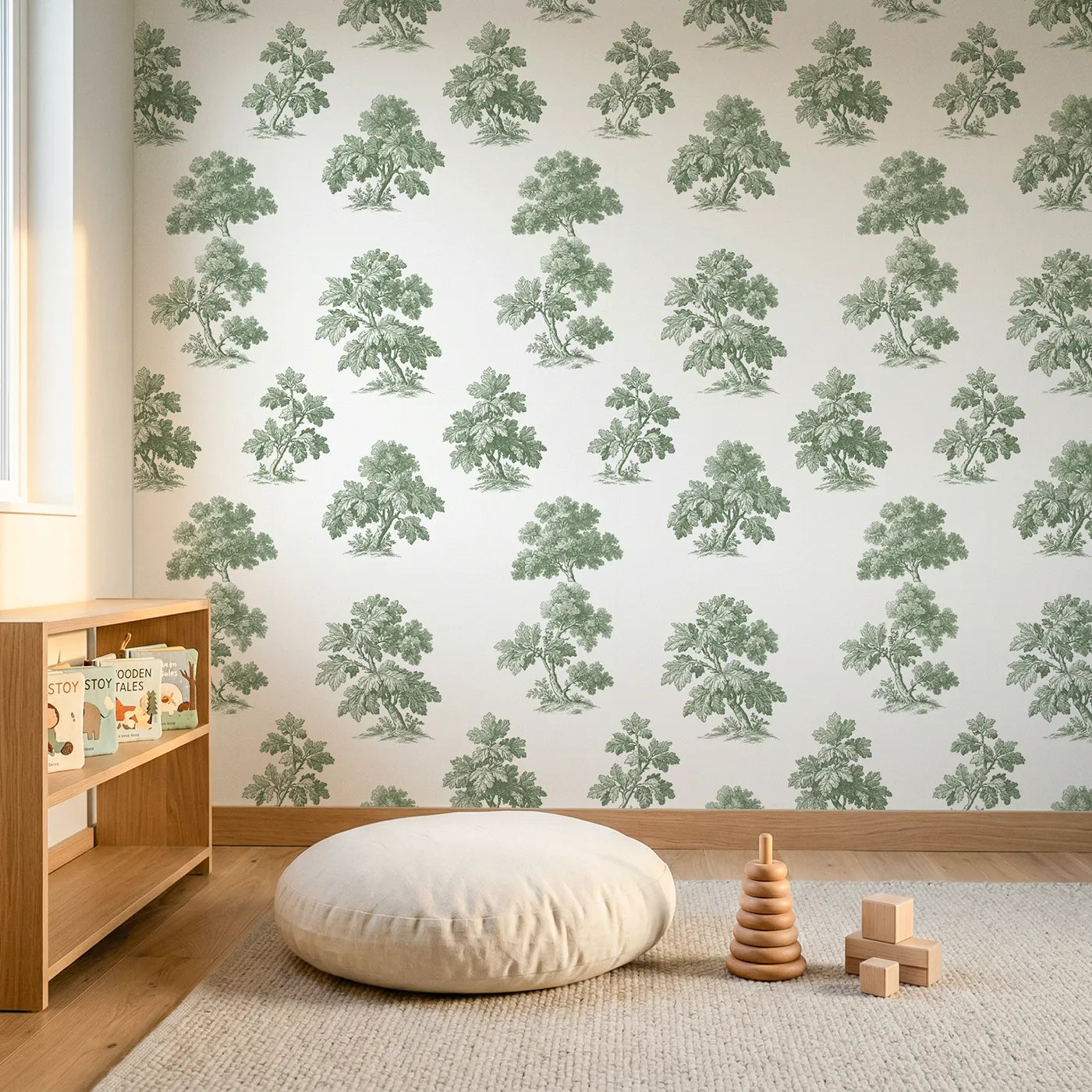 Oak Toile Rows in Green wallpaper in a styled nursery - Whimsy Tots