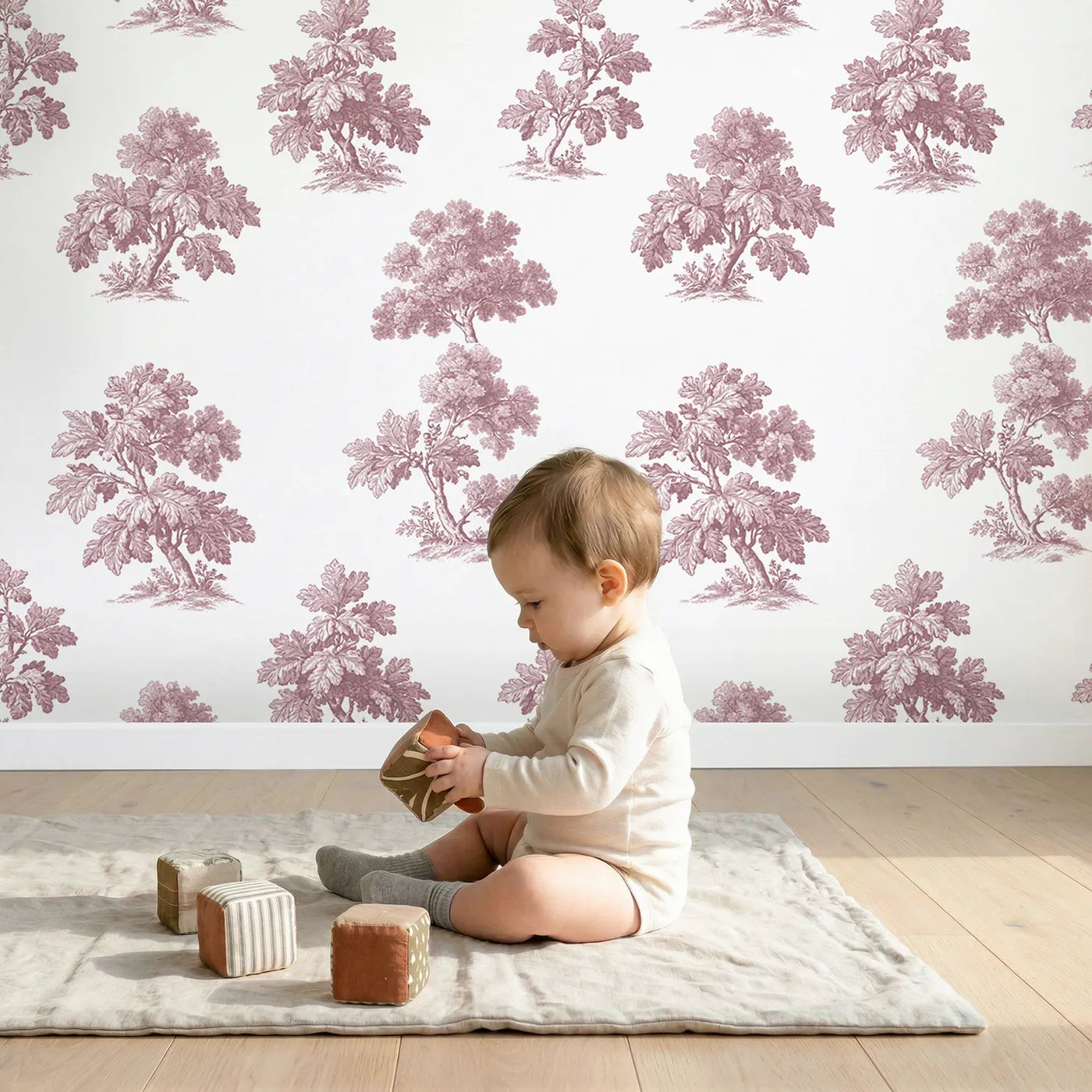 Oak Toile Rows in Pink wallpaper in a cozy kids room - Whimsy Tots