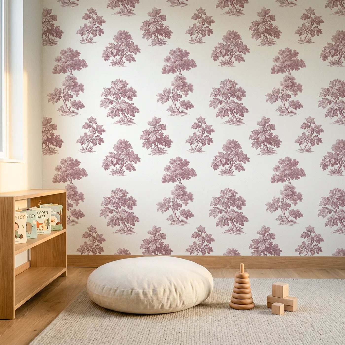 Oak Toile Rows in Pink wallpaper in a styled nursery - Whimsy Tots