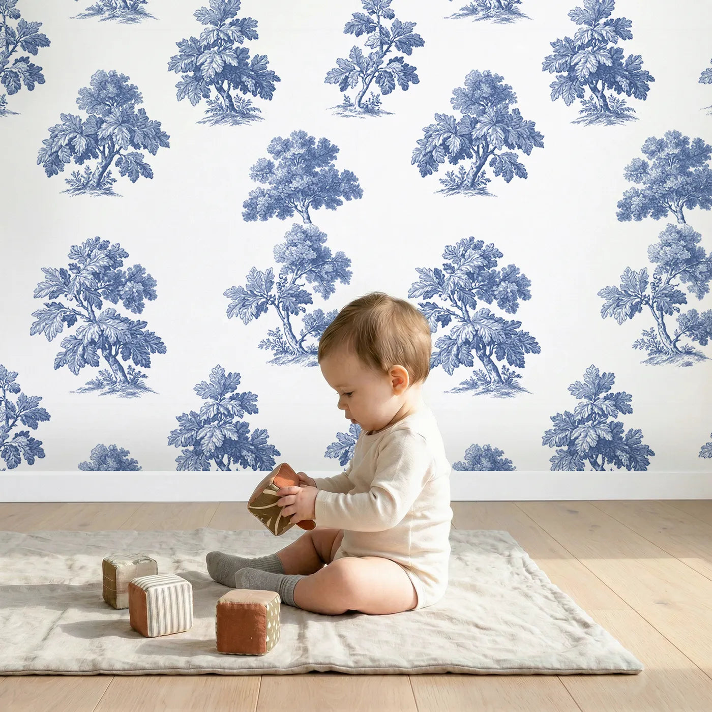 Oak Toile Rows wallpaper in a cozy kids room - Whimsy Tots