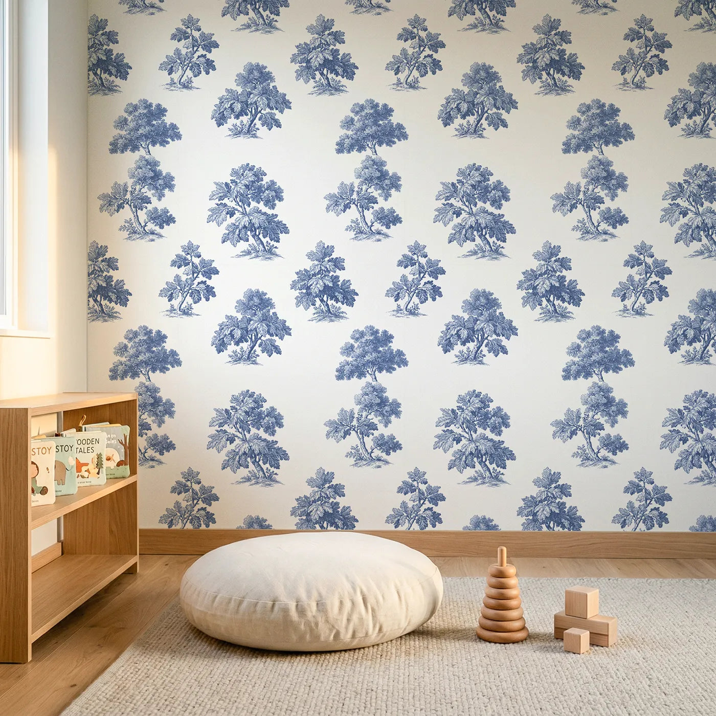 Oak Toile Rows wallpaper in a styled nursery - Whimsy Tots