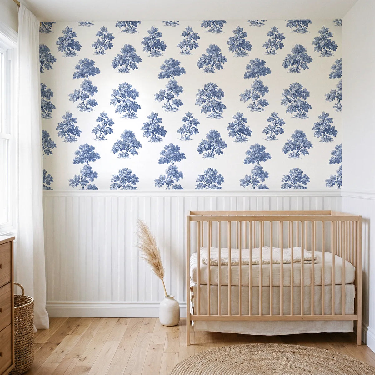 Oak Toile Rows wallpaper above wainscoting - Whimsy Tots