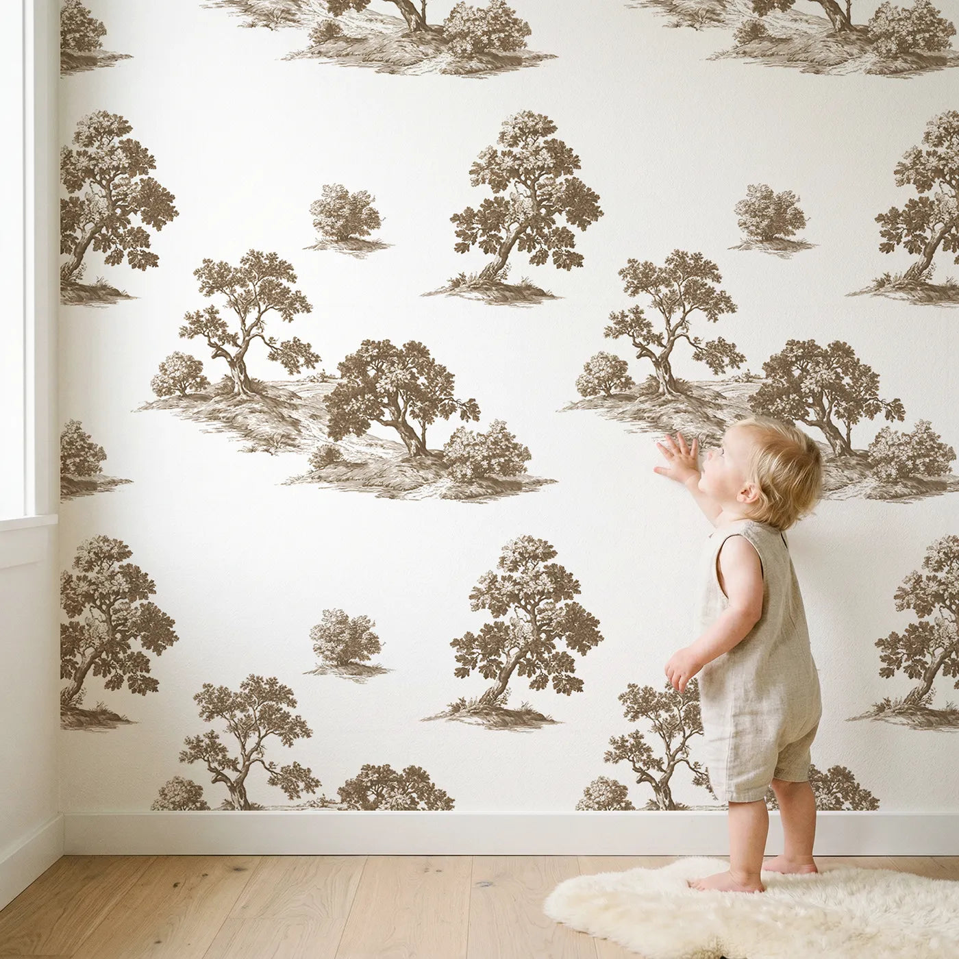 Oak Toile Scene in Brown wallpaper in a cozy kids room - Whimsy Tots