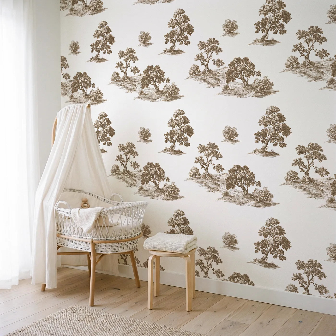 Oak Toile Scene in Brown wallpaper in a styled nursery - Whimsy Tots