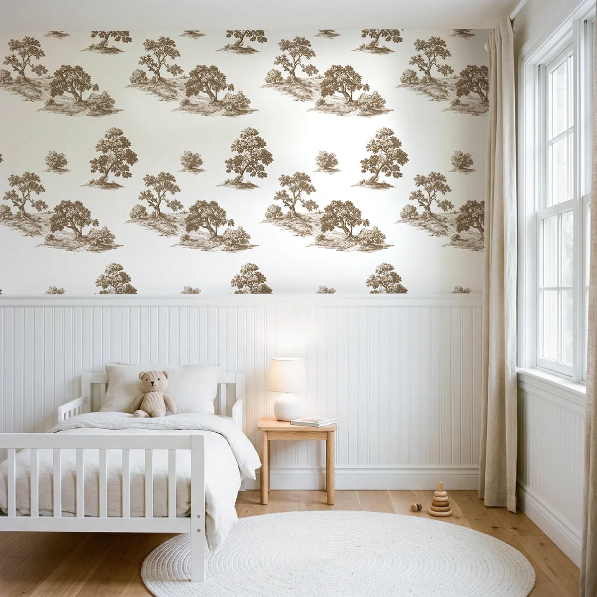 Oak Toile Scene in Brown wallpaper above wainscoting - Whimsy Tots