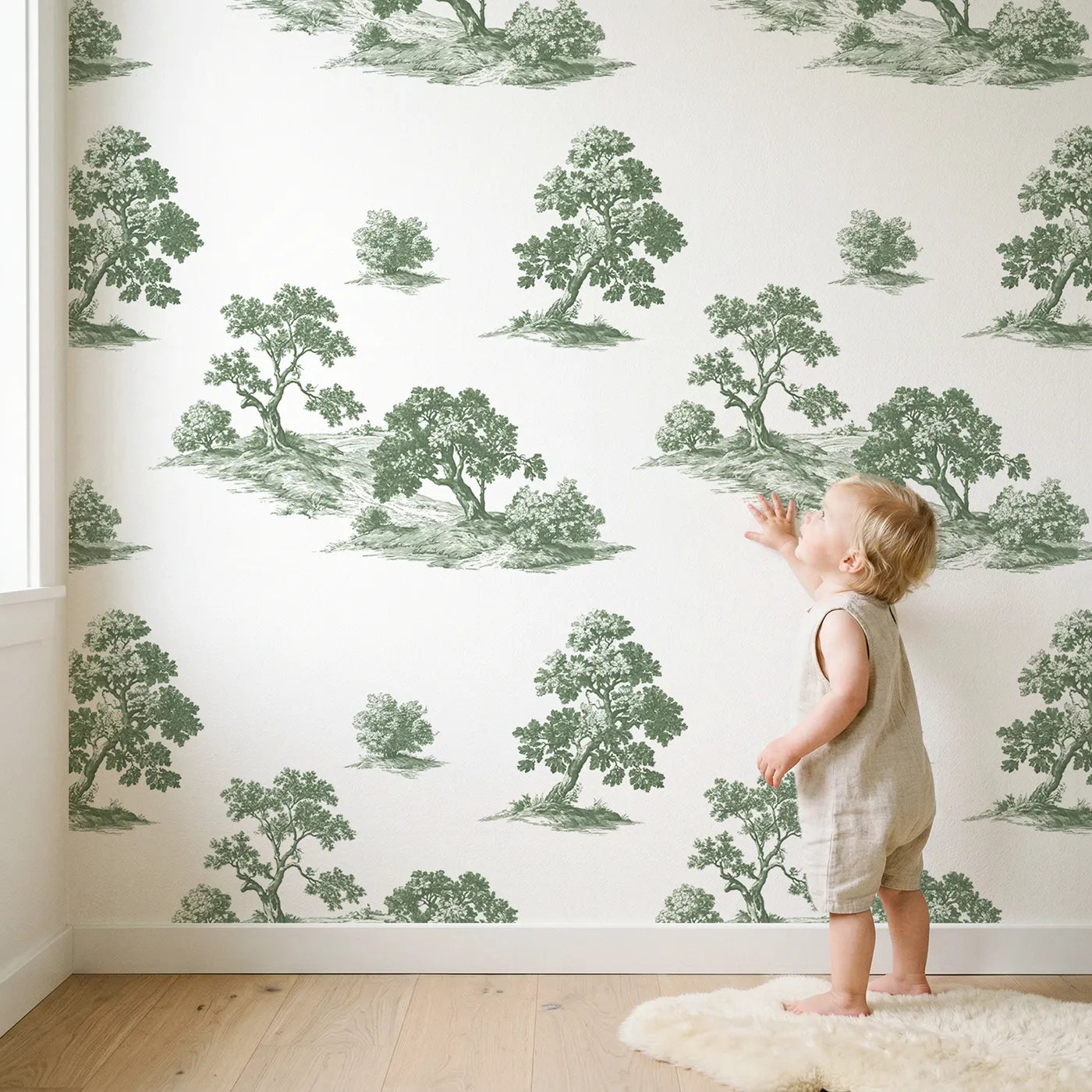 Oak Toile Scene in Green wallpaper in a cozy kids room - Whimsy Tots
