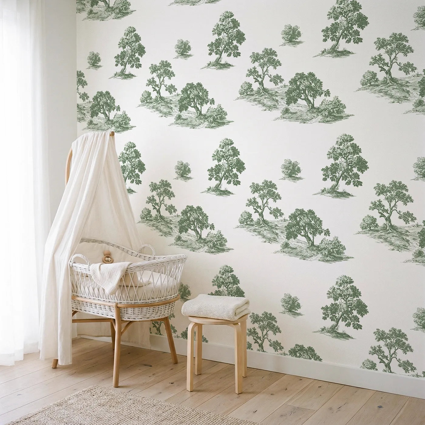 Oak Toile Scene in Green wallpaper in a styled nursery - Whimsy Tots