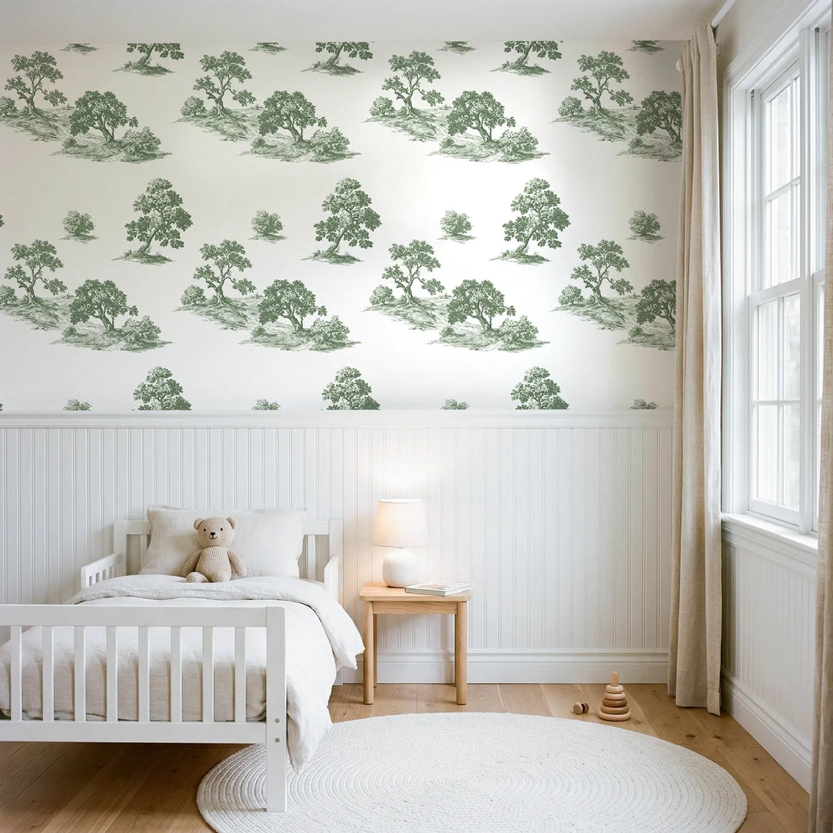 Oak Toile Scene in Green wallpaper above wainscoting - Whimsy Tots