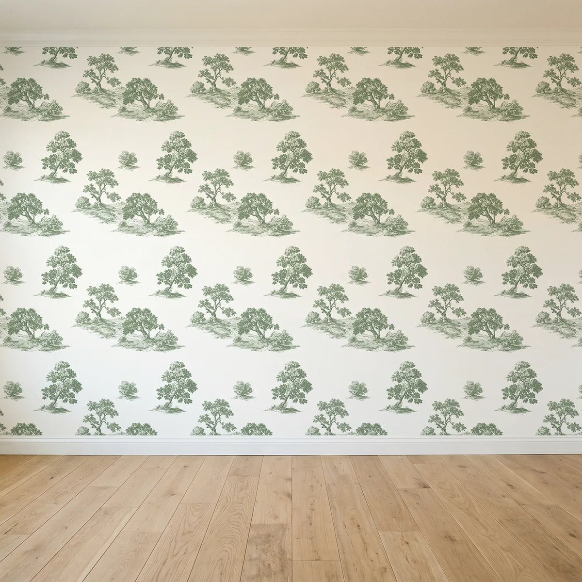 Oak Toile Scene in Green seamless wallpaper full pattern - Whimsy Tots