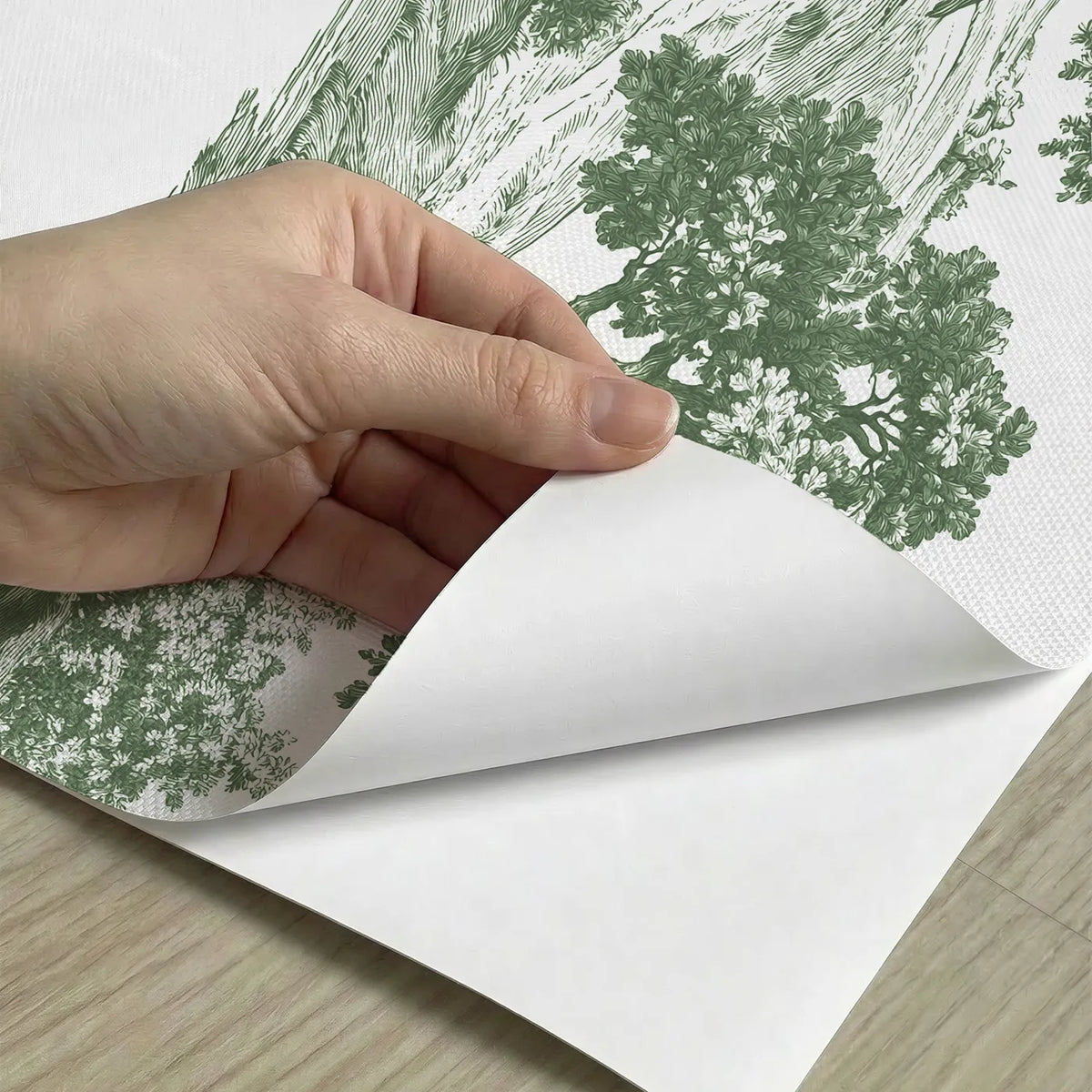 Oak Toile Scene in Green peel and stick material close-up - Whimsy Tots