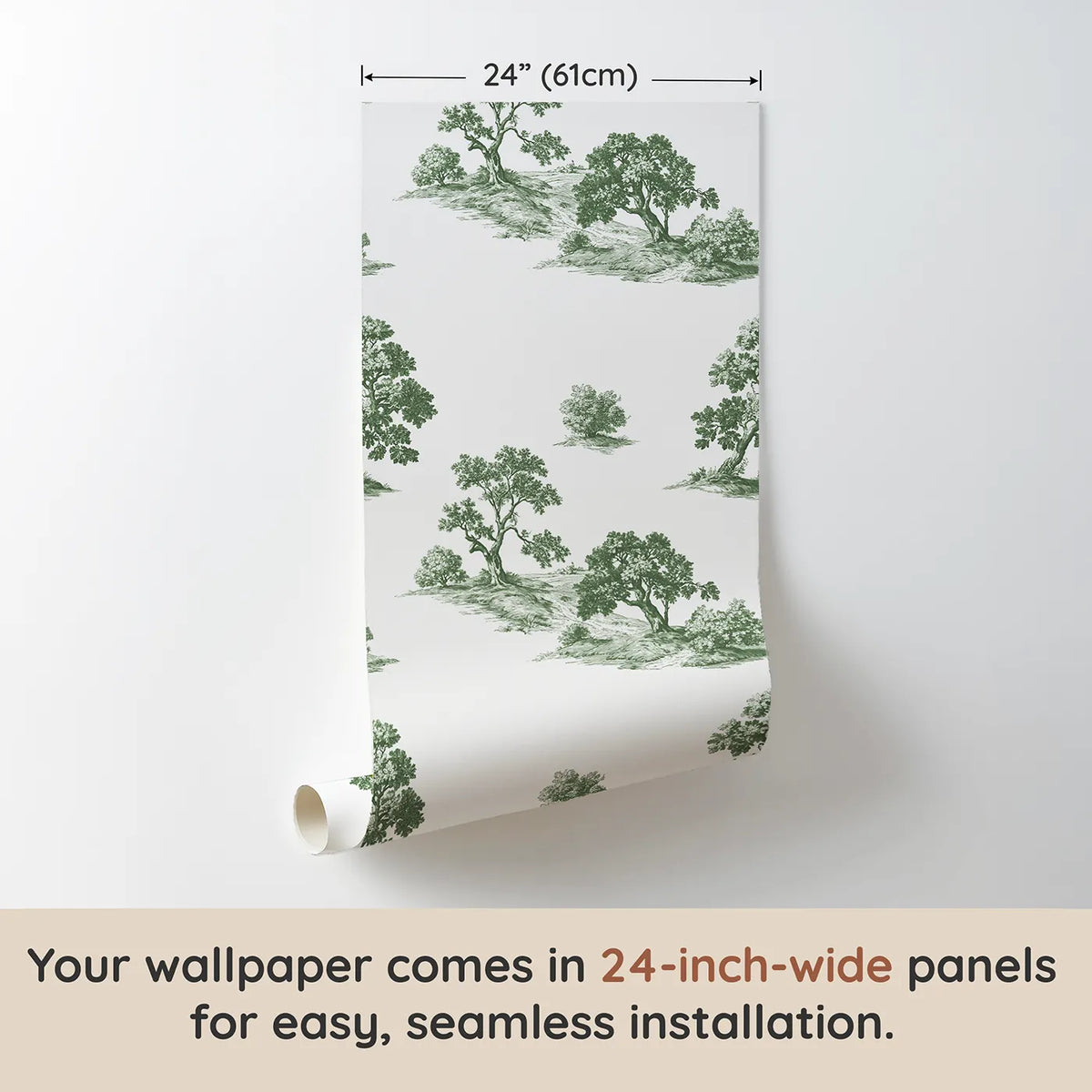 Oak Toile Scene in Green wallpaper panel dimensions - Whimsy Tots