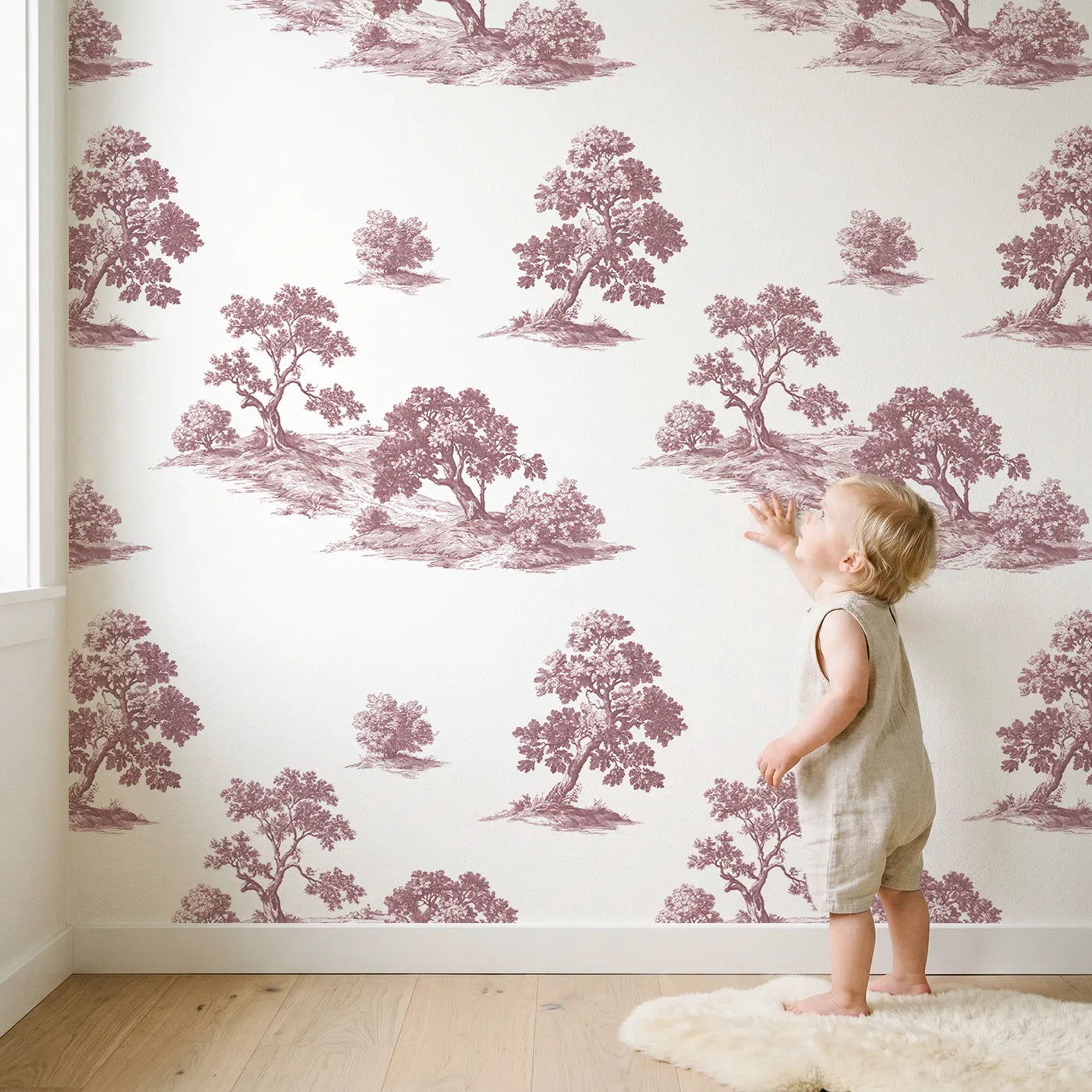 Oak Toile Scene in Pink wallpaper in a cozy kids room - Whimsy Tots