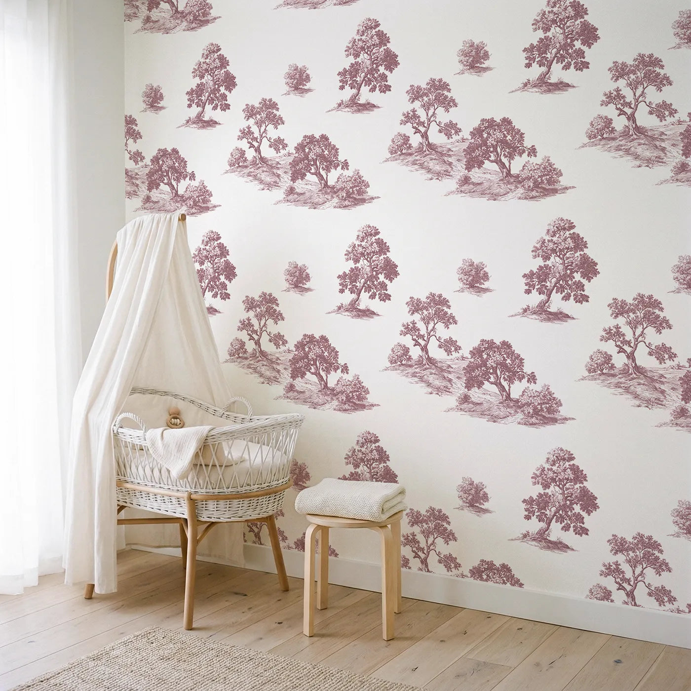 Oak Toile Scene in Pink wallpaper in a styled nursery - Whimsy Tots