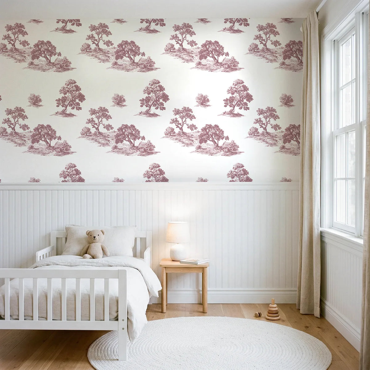 Oak Toile Scene in Pink wallpaper above wainscoting - Whimsy Tots