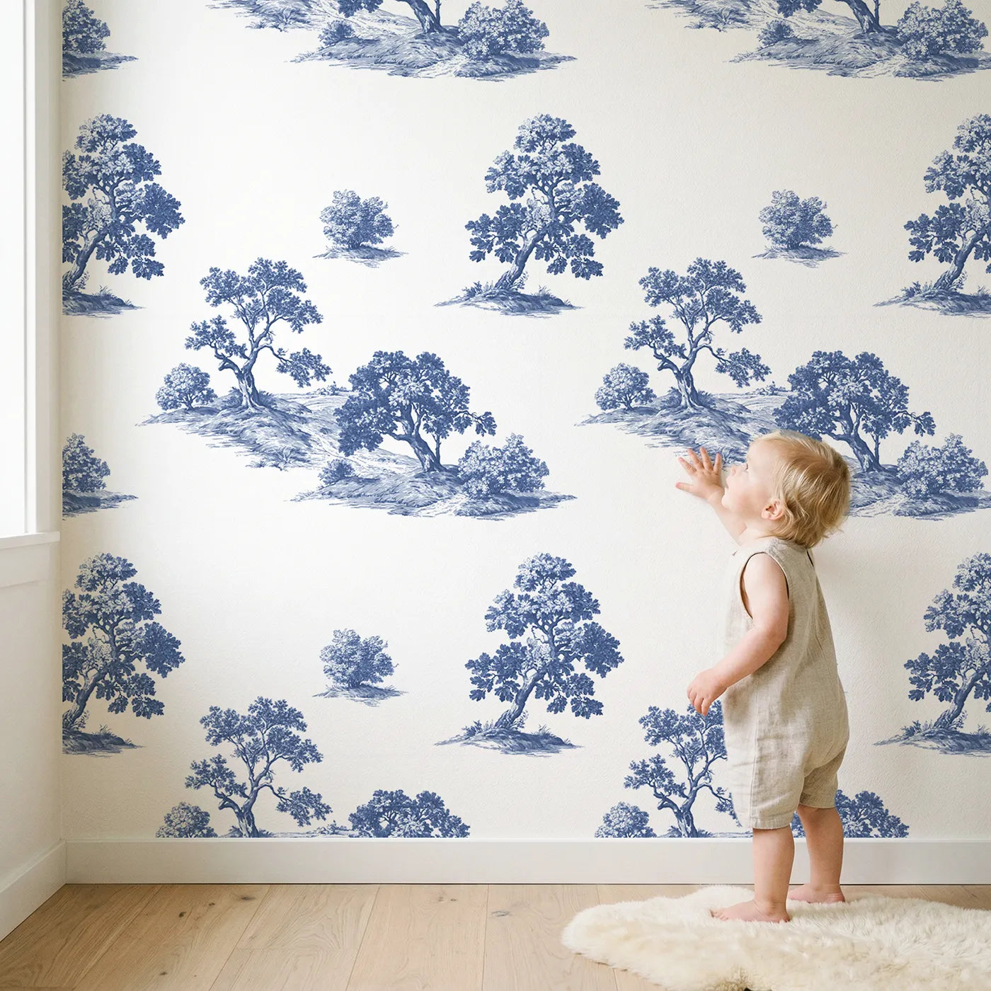 Oak Toile Scene wallpaper in a cozy kids room - Whimsy Tots