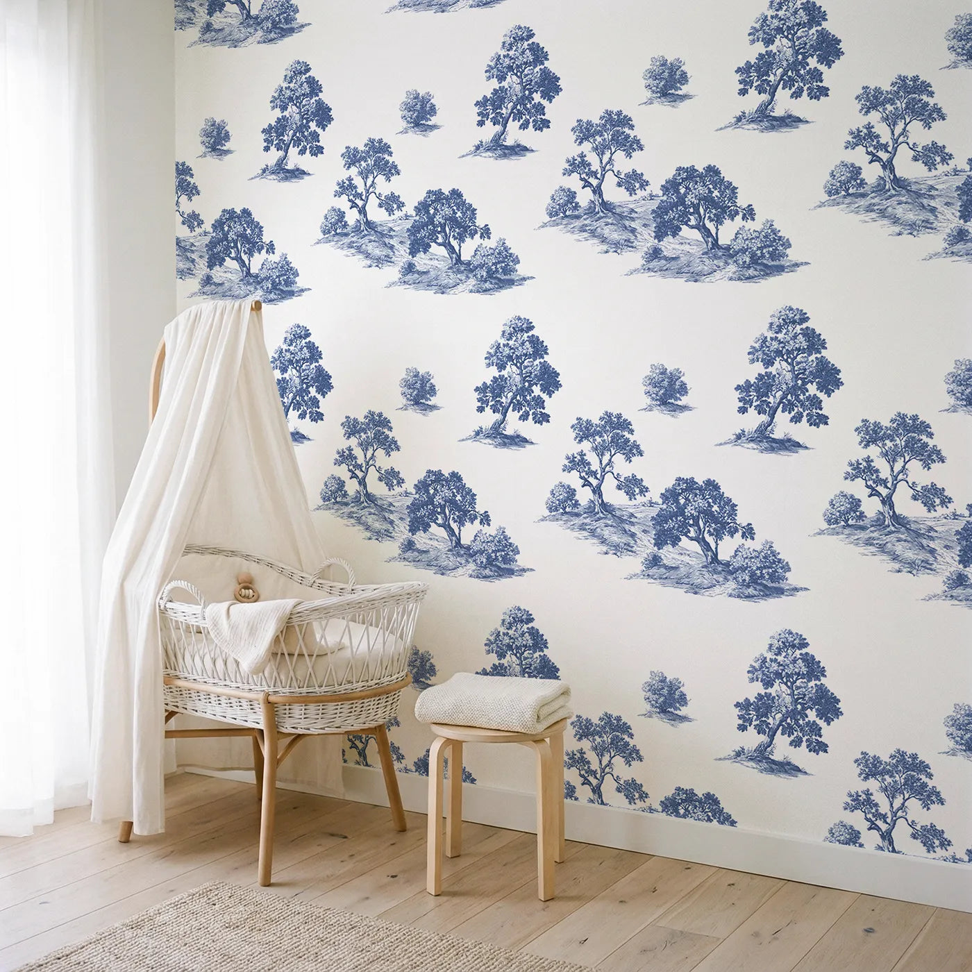 Oak Toile Scene wallpaper in a styled nursery - Whimsy Tots
