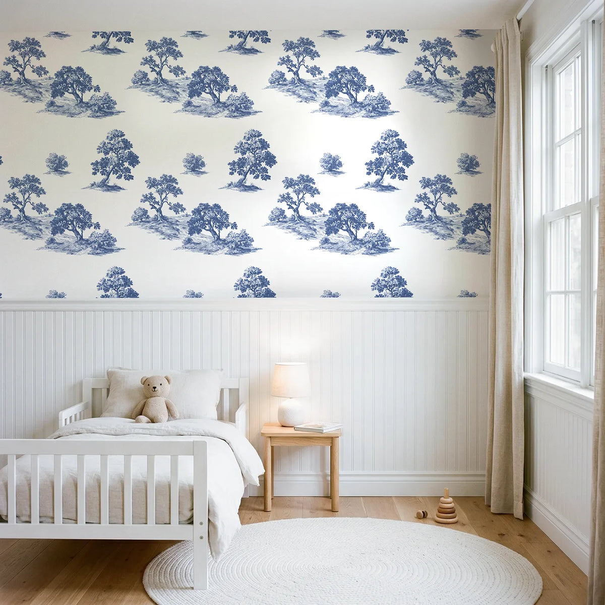 Oak Toile Scene wallpaper above wainscoting - Whimsy Tots