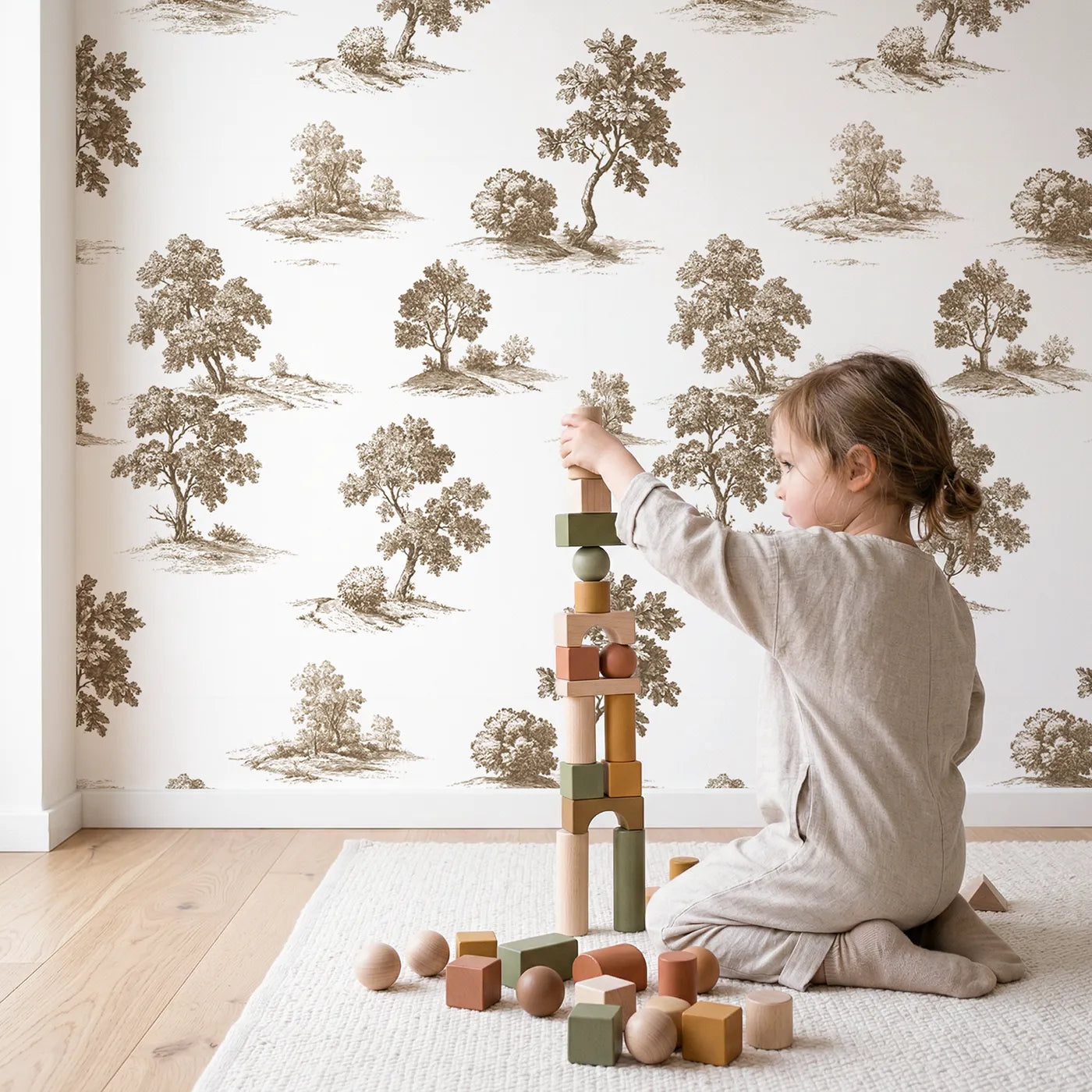Oak Toile Garden in Brown wallpaper in a cozy kids room - Whimsy Tots