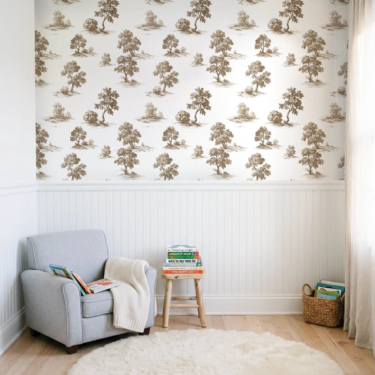 Oak Toile Garden in Brown wallpaper above wainscoting - Whimsy Tots