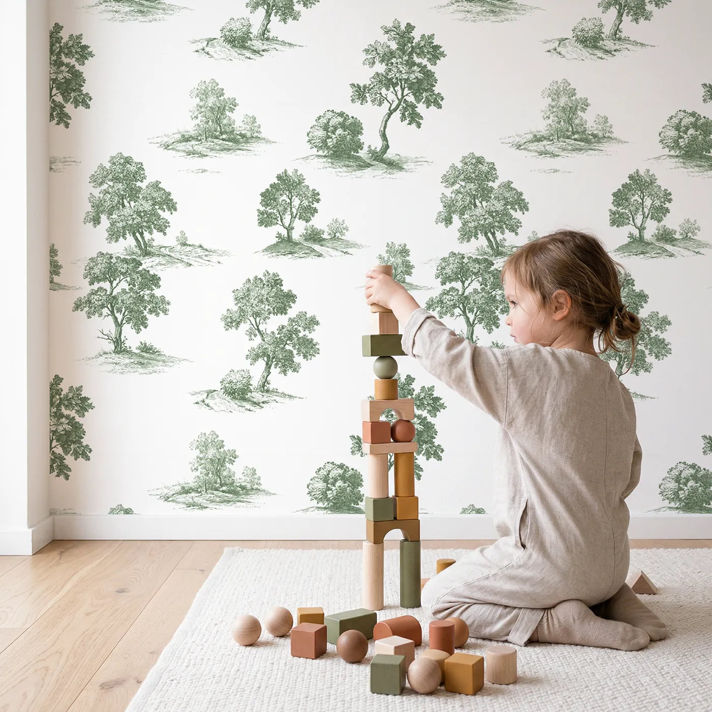 Oak Toile Garden in Green wallpaper in a cozy kids room - Whimsy Tots