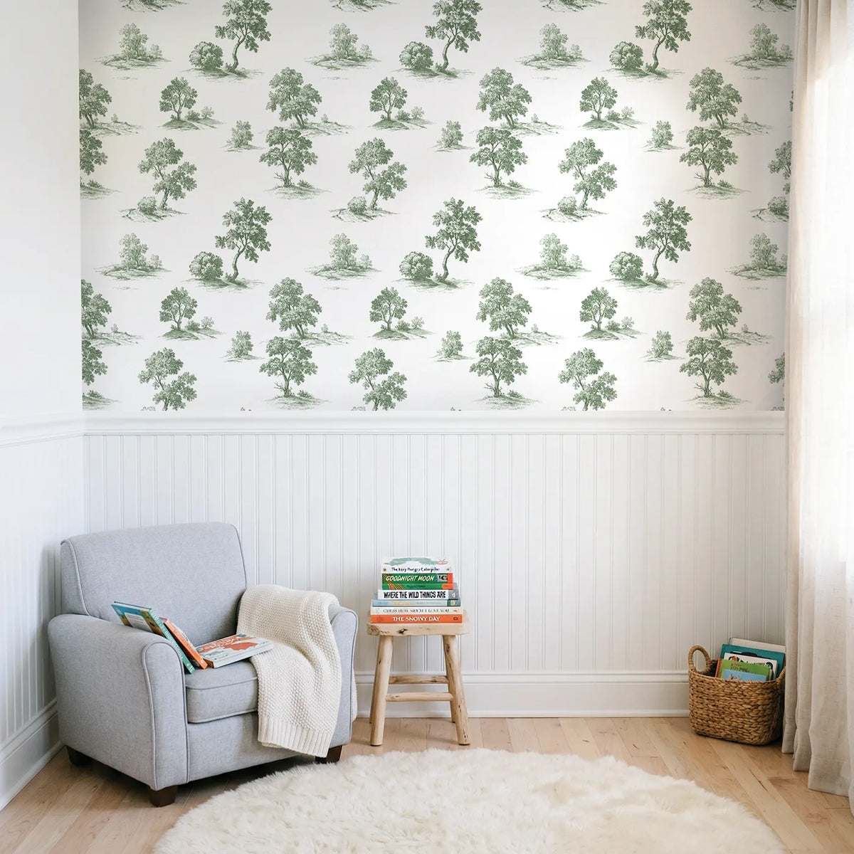 Oak Toile Garden in Green wallpaper above wainscoting - Whimsy Tots