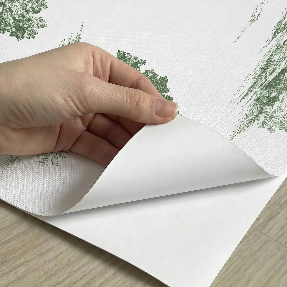 Oak Toile Garden in Green peel and stick material close-up - Whimsy Tots