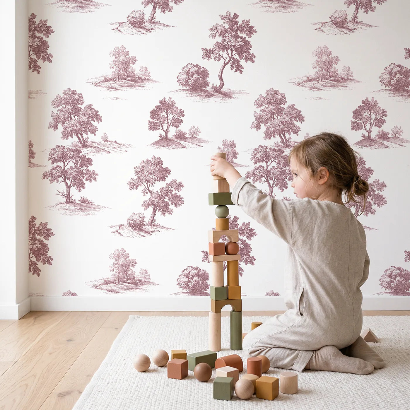 Oak Toile Garden in Pink wallpaper in a cozy kids room - Whimsy Tots