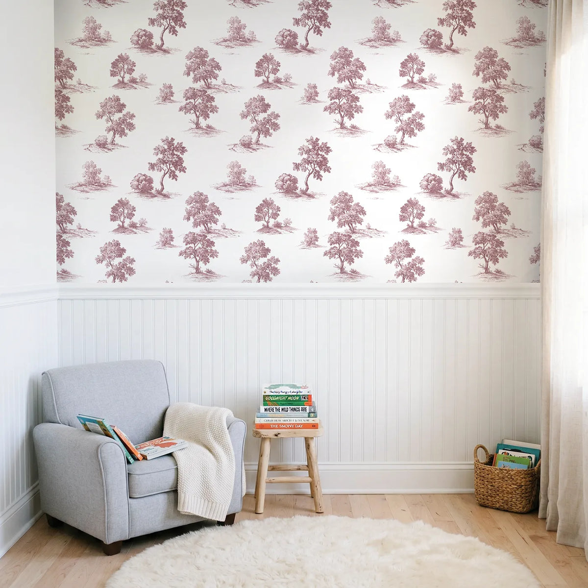 Oak Toile Garden in Pink wallpaper above wainscoting - Whimsy Tots