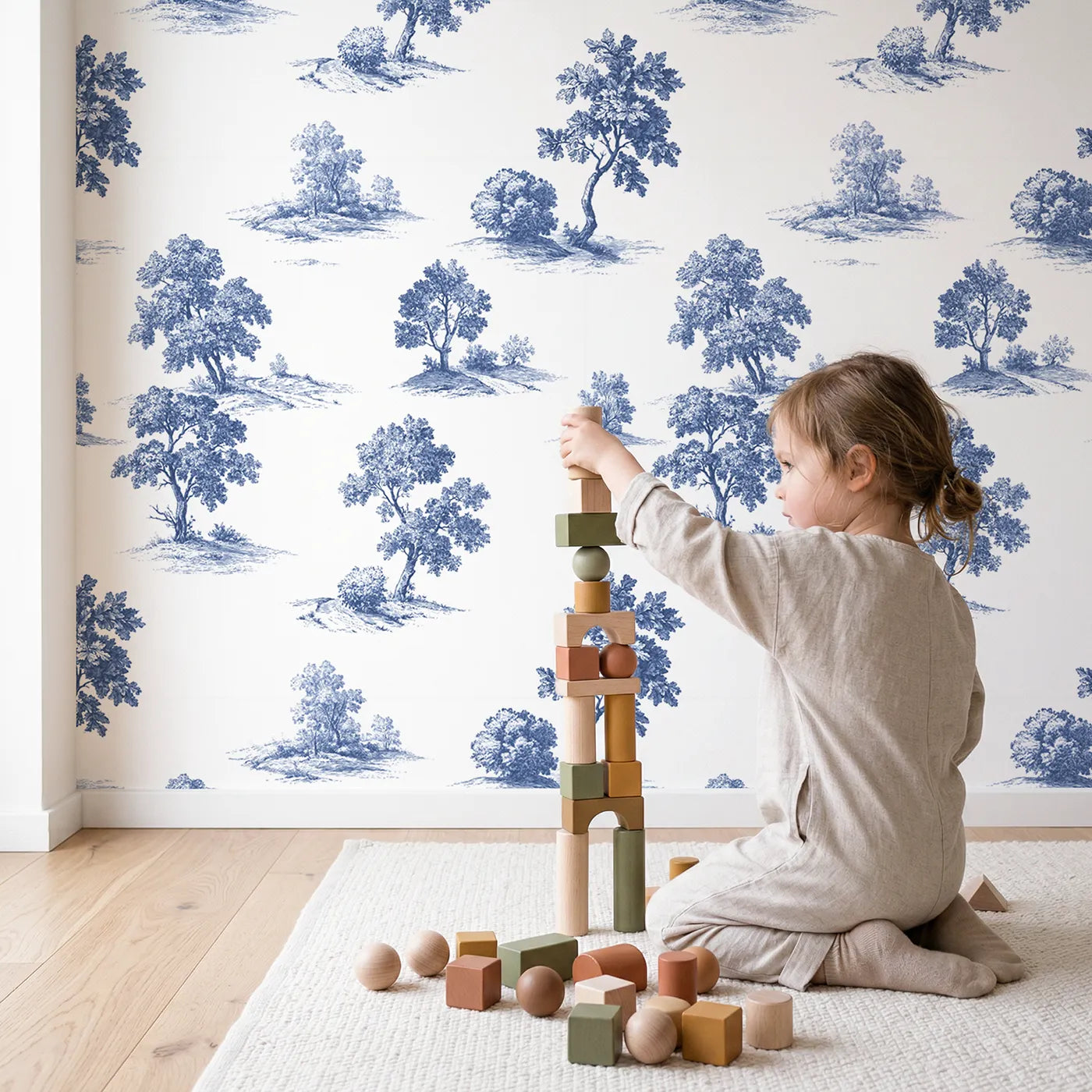 Oak Toile Garden wallpaper in a cozy kids room - Whimsy Tots