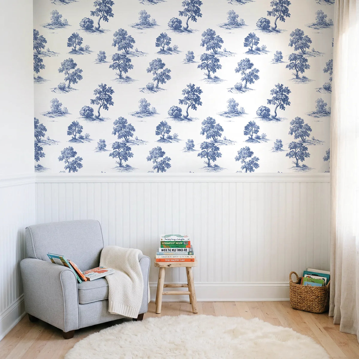 Oak Toile Garden wallpaper above wainscoting - Whimsy Tots