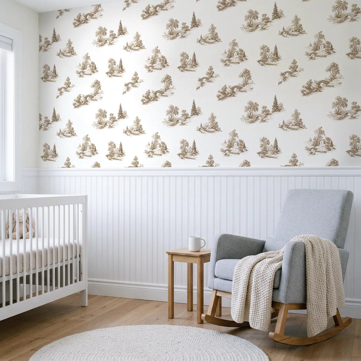 Bridge Toile Toss in Brown wallpaper above wainscoting - Whimsy Tots