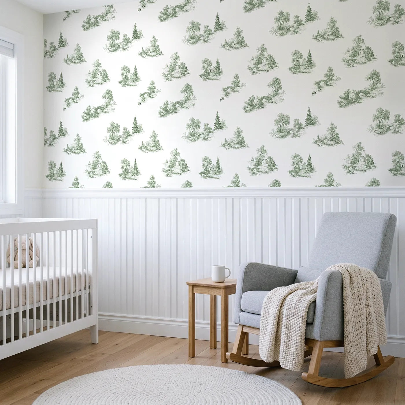 Bridge Toile Toss in Green wallpaper above wainscoting - Whimsy Tots